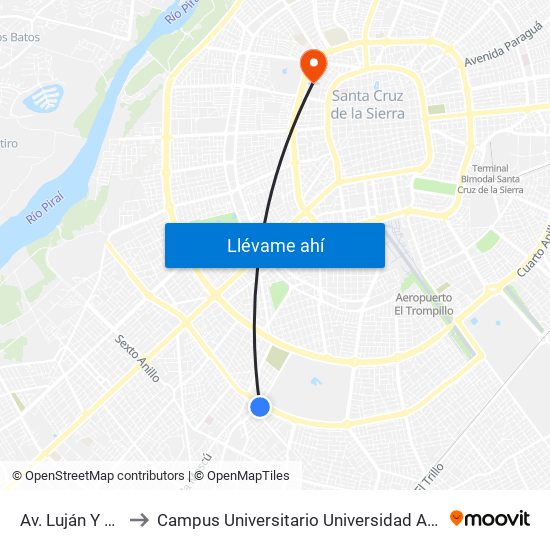 Av. Luján Y Quinto Anillo to Campus Universitario Universidad Autónoma Gabriel René Moreno map