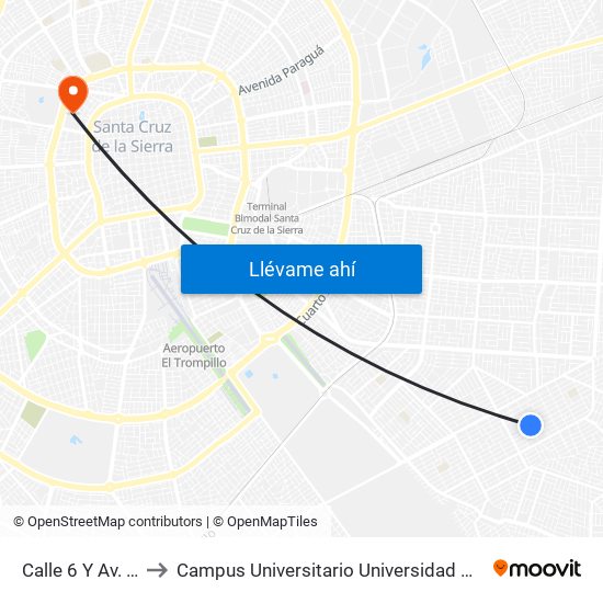 Calle 6 Y Av. 6 De Agosto to Campus Universitario Universidad Autónoma Gabriel René Moreno map