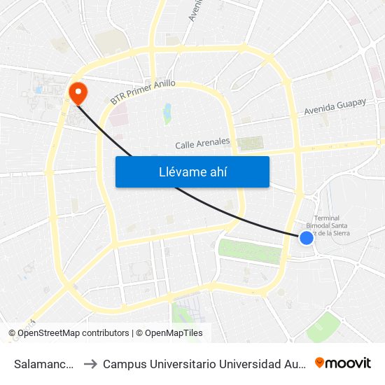 Salamanca Y Linares to Campus Universitario Universidad Autónoma Gabriel René Moreno map