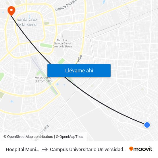 Hospital Municipal Plan 3000 to Campus Universitario Universidad Autónoma Gabriel René Moreno map