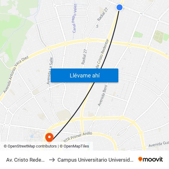 Av. Cristo Redentor Y Quinto Anillo to Campus Universitario Universidad Autónoma Gabriel René Moreno map