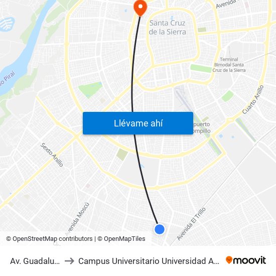 Av. Guadalupe Y Calle 4 to Campus Universitario Universidad Autónoma Gabriel René Moreno map