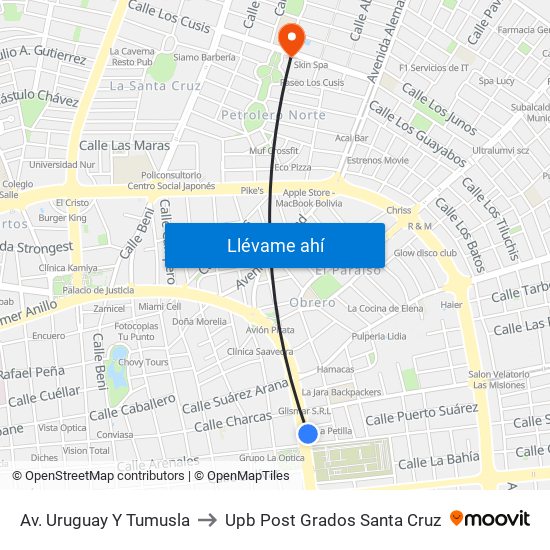 Av. Uruguay Y Tumusla to Upb Post Grados Santa Cruz map