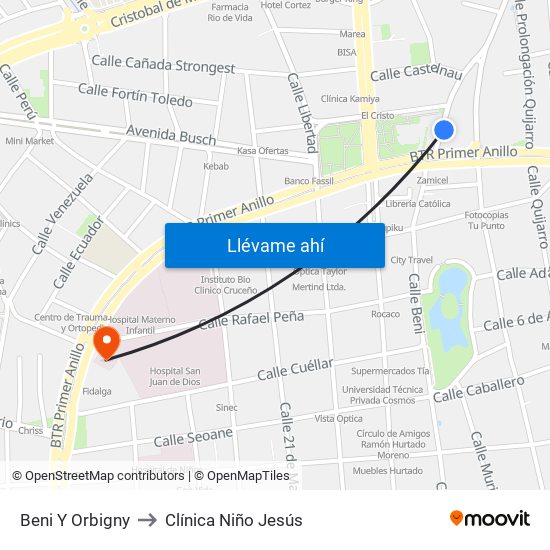 Beni Y Orbigny to Clínica Niño Jesús map