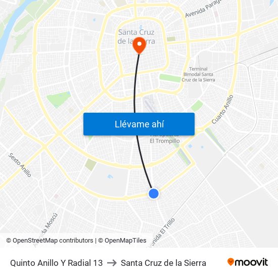 Quinto Anillo Y Radial 13 to Santa Cruz de la Sierra map