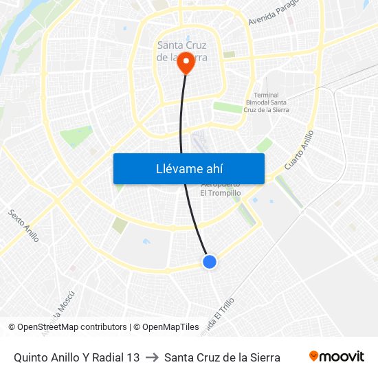Quinto Anillo Y Radial 13 to Santa Cruz de la Sierra map