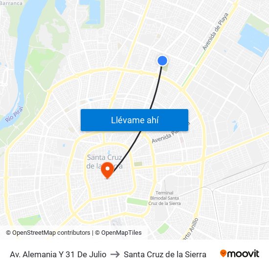Av. Alemania Y 31 De Julio to Santa Cruz de la Sierra map