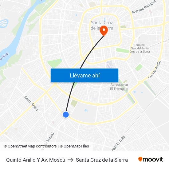 Quinto Anillo Y Av. Moscú to Santa Cruz de la Sierra map