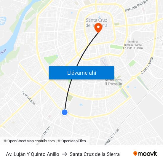 Av. Luján Y Quinto Anillo to Santa Cruz de la Sierra map