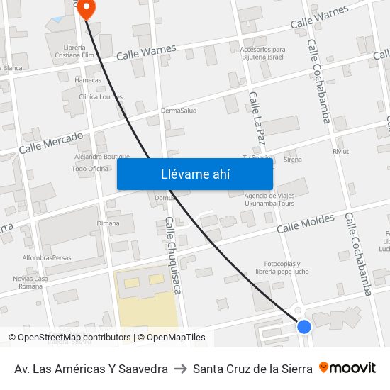 Av. Las Américas Y Saavedra to Santa Cruz de la Sierra map