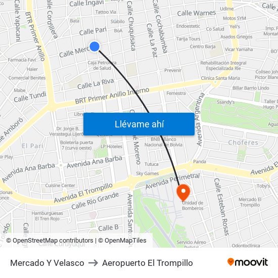 Mercado Y Velasco to Aeropuerto El Trompillo map