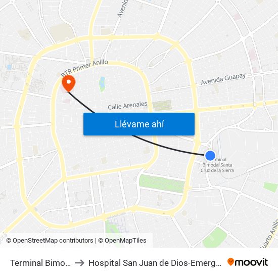 Terminal Bimodal to Hospital San Juan de Dios-Emergencia map