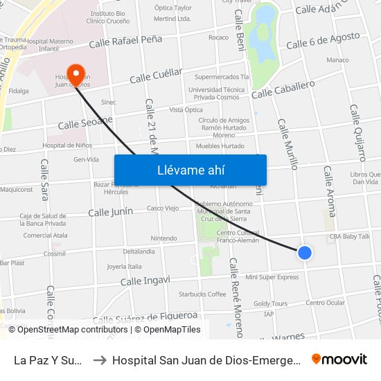 La Paz Y Sucre to Hospital San Juan de Dios-Emergencia map