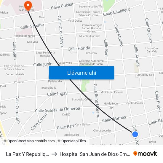 La Paz Y Republiquetas to Hospital San Juan de Dios-Emergencia map
