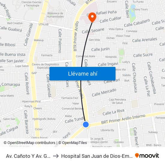 Av. Cañoto Y Av. Grigotá to Hospital San Juan de Dios-Emergencia map