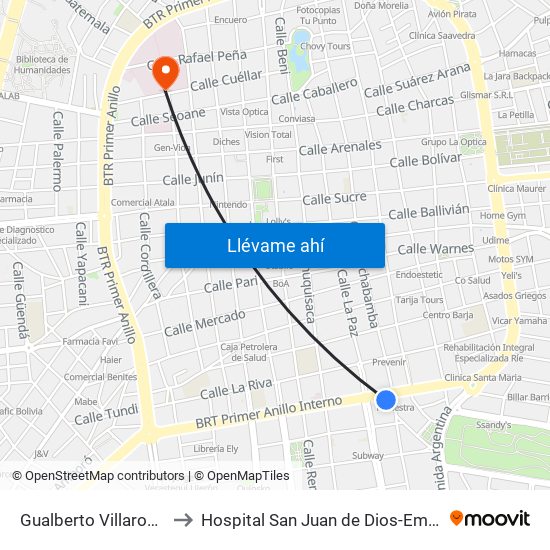 Gualberto Villaroel, 113 to Hospital San Juan de Dios-Emergencia map