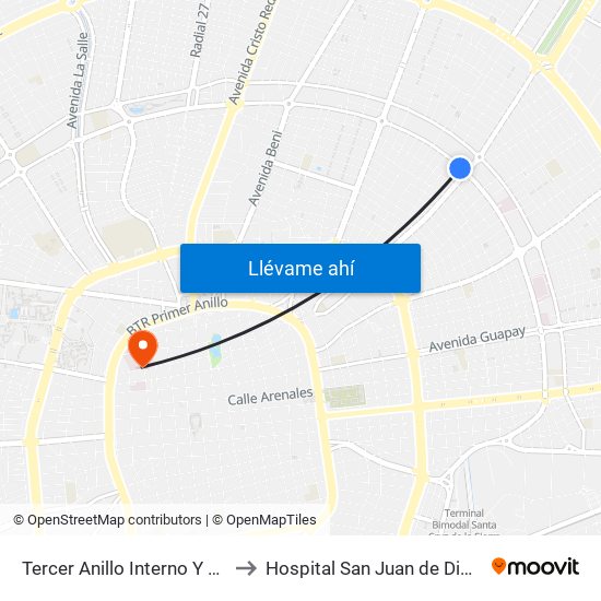 Tercer Anillo Interno Y Av. Mutualista to Hospital San Juan de Dios-Emergencia map