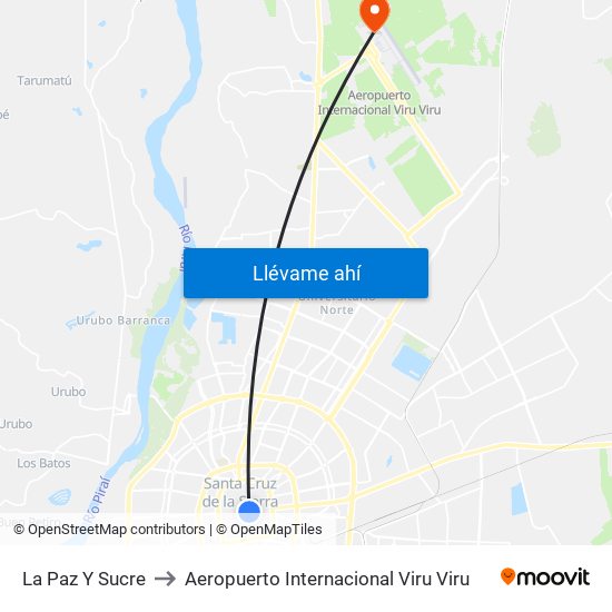 La Paz Y Sucre to Aeropuerto Internacional Viru Viru map