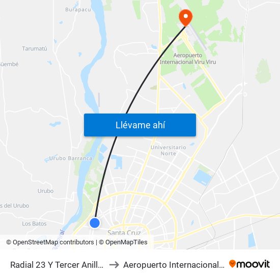 Radial 23 Y Tercer Anillo Interno to Aeropuerto Internacional Viru Viru map