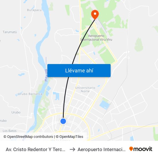 Av. Cristo Redentor Y Tercer Anillo Externo to Aeropuerto Internacional Viru Viru map