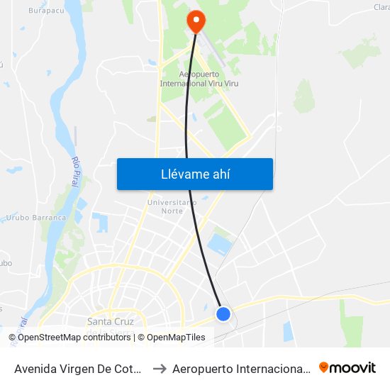 Avenida Virgen De Cotoca, 5070 to Aeropuerto Internacional Viru Viru map