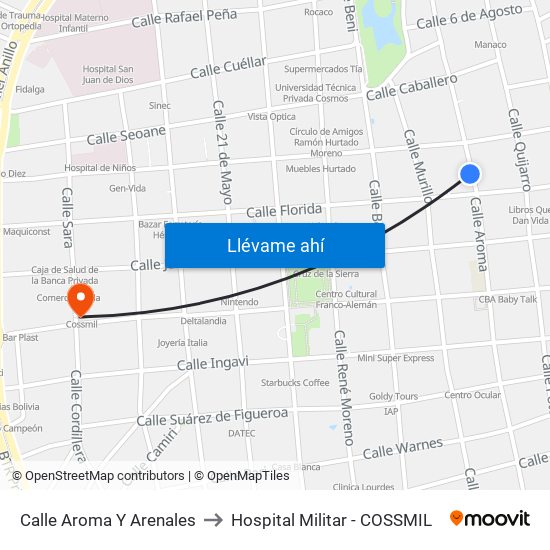 Calle Aroma Y Arenales to Hospital Militar - COSSMIL map