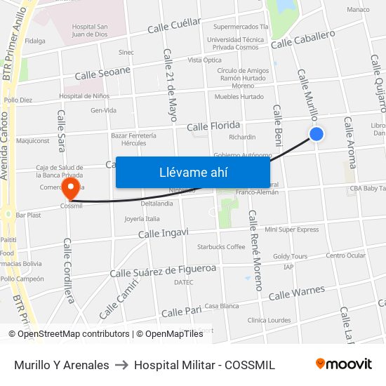 Murillo Y Arenales to Hospital Militar - COSSMIL map