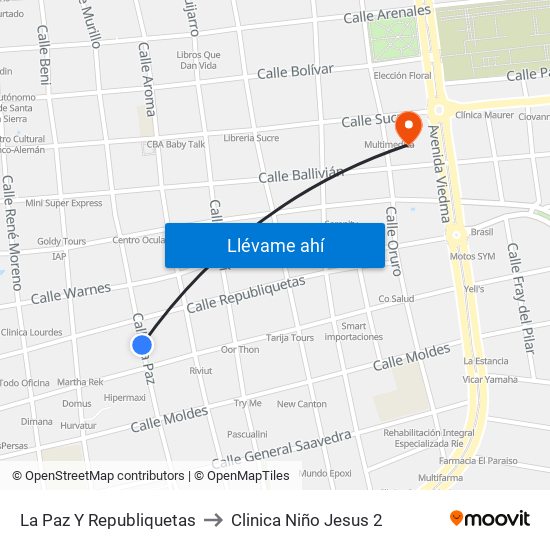 La Paz Y Republiquetas to Clinica Niño Jesus 2 map