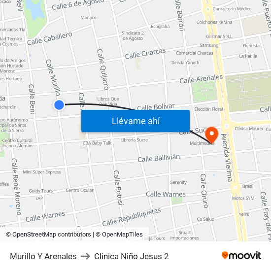 Murillo Y Arenales to Clinica Niño Jesus 2 map