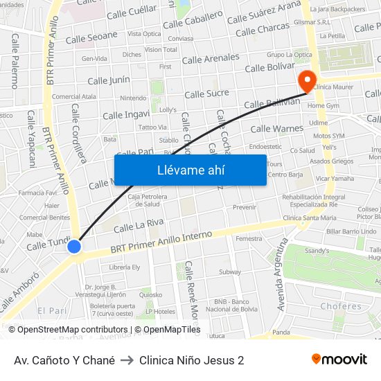 Av. Cañoto Y Chané to Clinica Niño Jesus 2 map