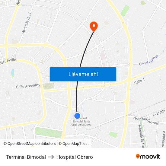 Terminal Bimodal to Hospital Obrero map