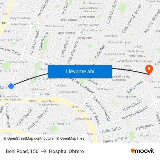 Beni Road, 150 to Hospital Obrero map