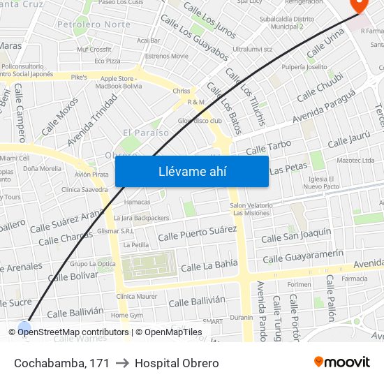 Cochabamba, 171 to Hospital Obrero map