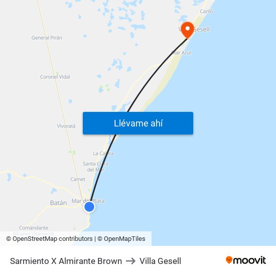 Sarmiento X Almirante Brown to Villa Gesell map