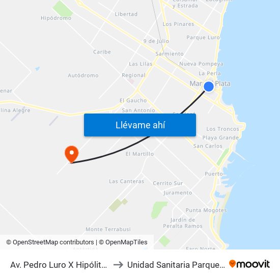 Av. Pedro Luro X Hipólito Yrigoyen to Unidad Sanitaria Parque Hermoso map