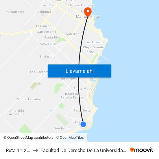 Ruta 11 X Lombardía to Facultad De Derecho De La Universidad Nacional De Mar Del Plata (Unmdp) map