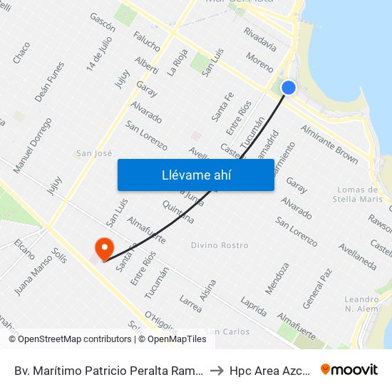 Bv. Marítimo Patricio Peralta Ramos X Moreno to Hpc Area Azcuenaga map