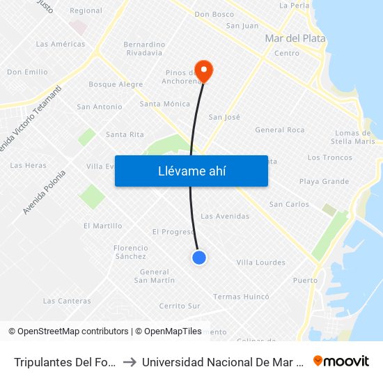 Tripulantes Del Fournier, 5138 to Universidad Nacional De Mar Del Plata (Unmdp) map