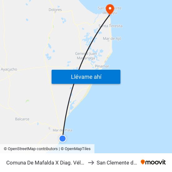 Comuna De Mafalda X Diag. Vélez Sarsfield to San Clemente del Tuyú map