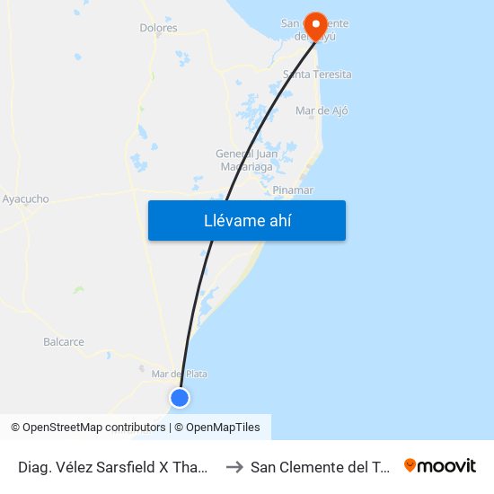 Diag. Vélez Sarsfield X Thames to San Clemente del Tuyú map