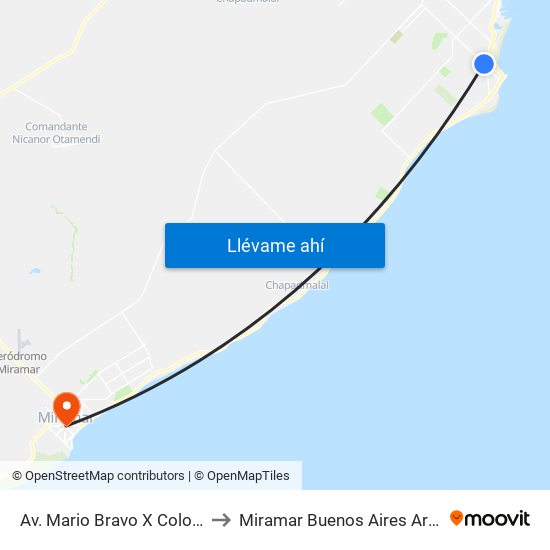 Av. Mario Bravo X Colombres to Miramar Buenos Aires Argentina map