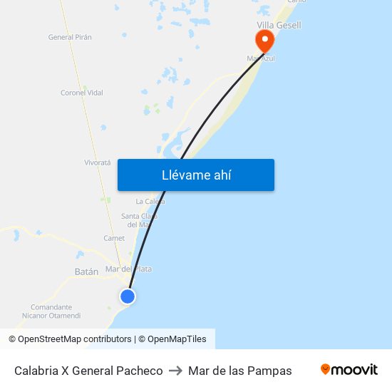 Calabria X General Pacheco to Mar de las Pampas map