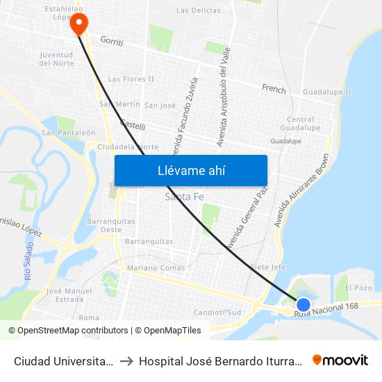 Ciudad Universitaria to Hospital José Bernardo Iturraspe map