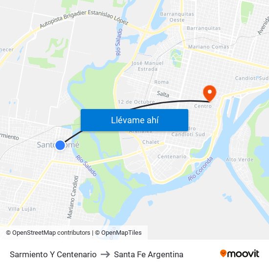 Sarmiento Y Centenario to Santa Fe Argentina map
