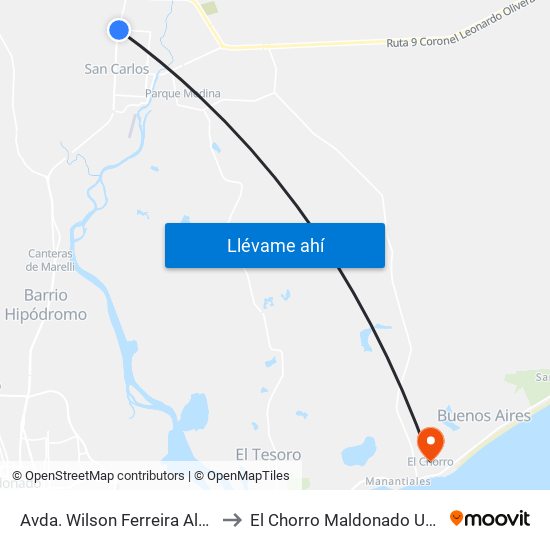 Avda. Wilson Ferreira Aldunate to El Chorro Maldonado Uruguay map