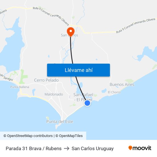 Parada 31 Brava / Rubens to San Carlos Uruguay map