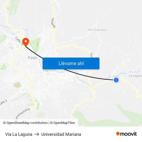 Vía La Laguna to Universidad Mariana map