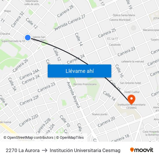 2270 La Aurora to Institución Universitaria Cesmag map