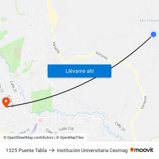 1325 Puente Tabla to Institución Universitaria Cesmag map