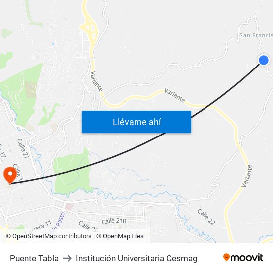 Puente Tabla to Institución Universitaria Cesmag map
